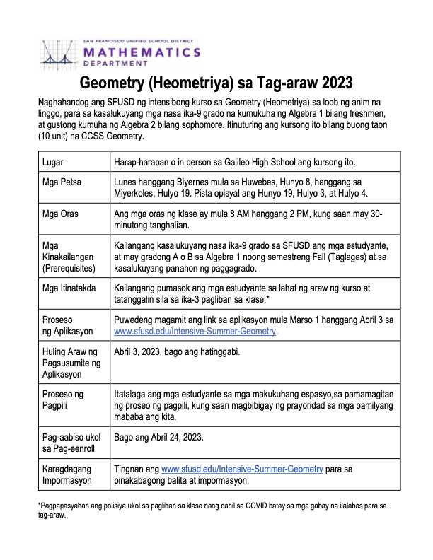 SFUSD Summer School Geometry SFUSD